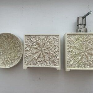 White Floral Design Soap Pump & Toothbrush Holder